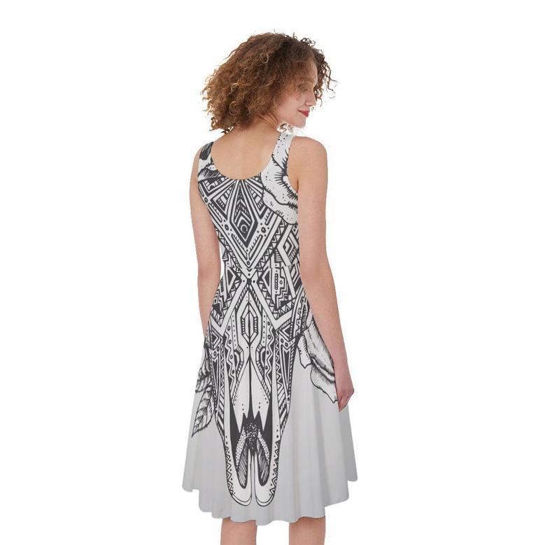 Tribal Indian Bull Skull Print Sleeveless Knee Length Dress