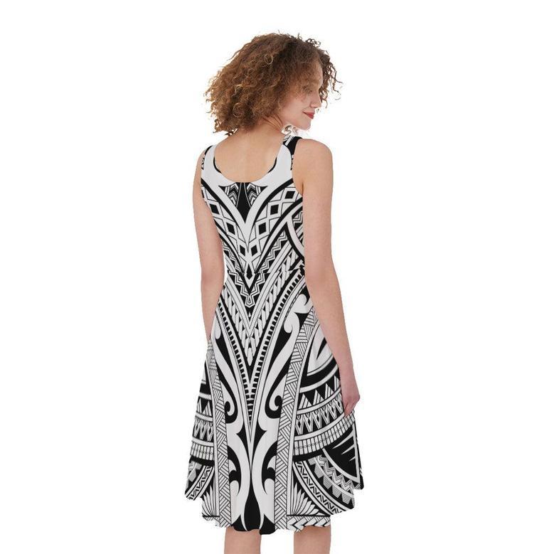 Tribal Maori Polynesian Tattoo Print Sleeveless Knee Length Dress