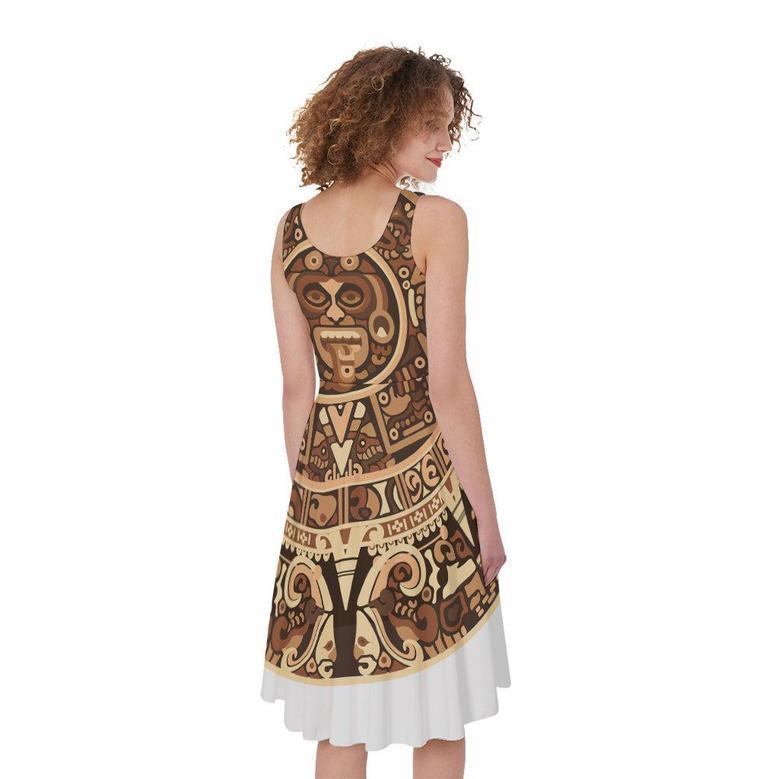 Tribal Maya Calendar Print Sleeveless Knee Length Dress