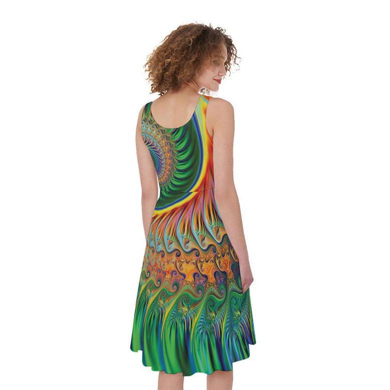 Trippy Fractal Print Sleeveless Knee Length Dress