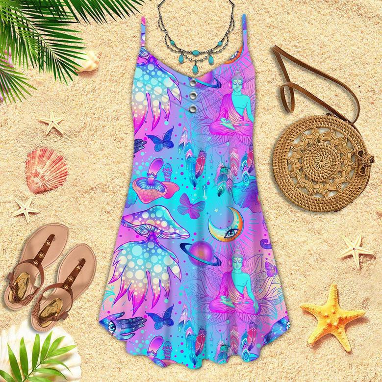 Trippy Hippie Mushrooms Neon Peace Spaghetti Strap Summer Dress