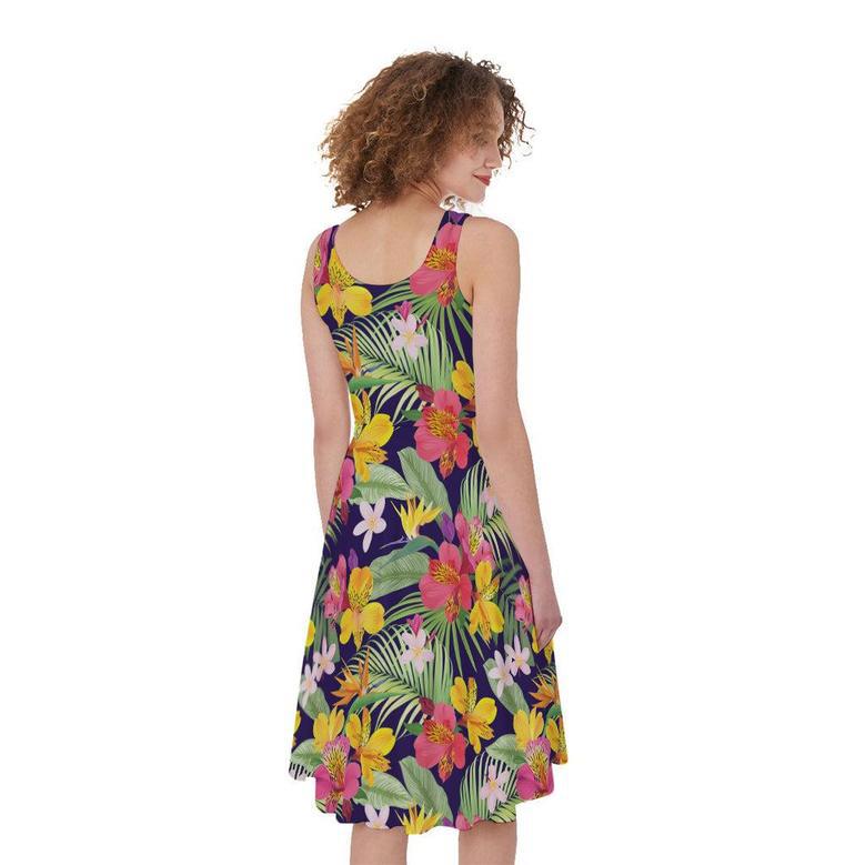 Tropical Alstroemeria Pattern Print Sleeveless Knee Length Dress