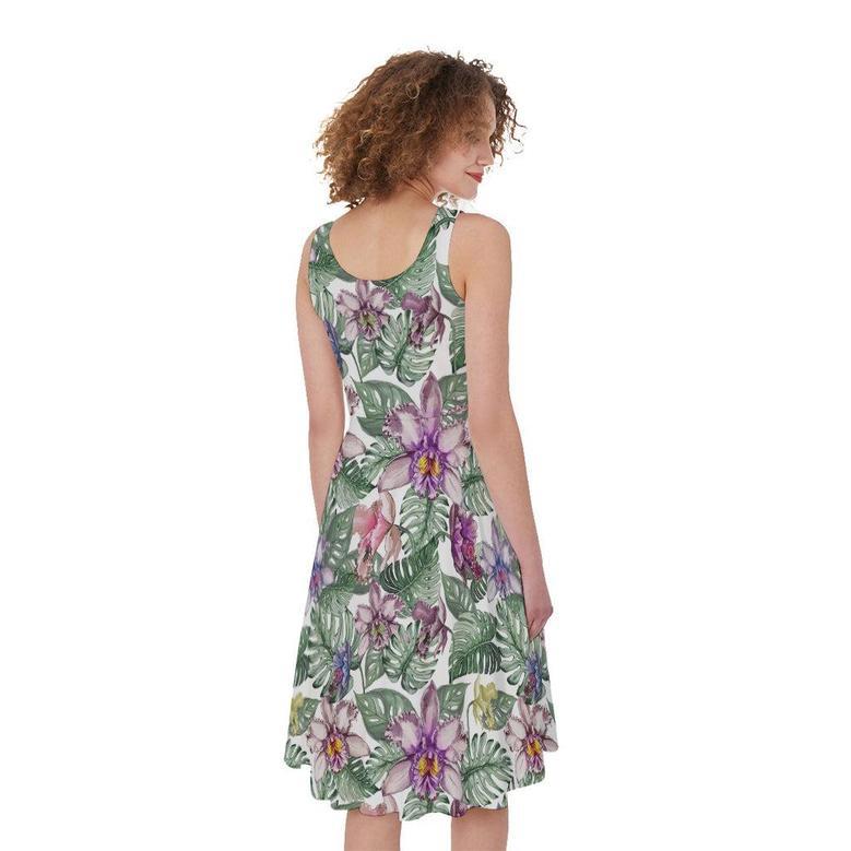 Tropical Cattleya Pattern Print Sleeveless Knee Length Dress