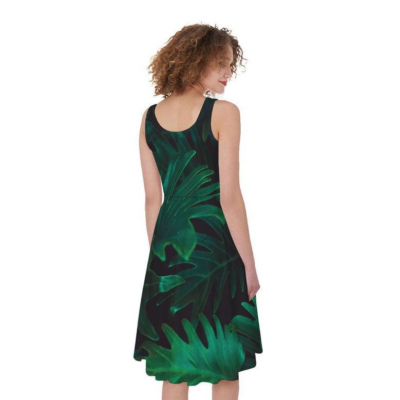 Tropical Fern Leaf Print Sleeveless Knee Length Dress