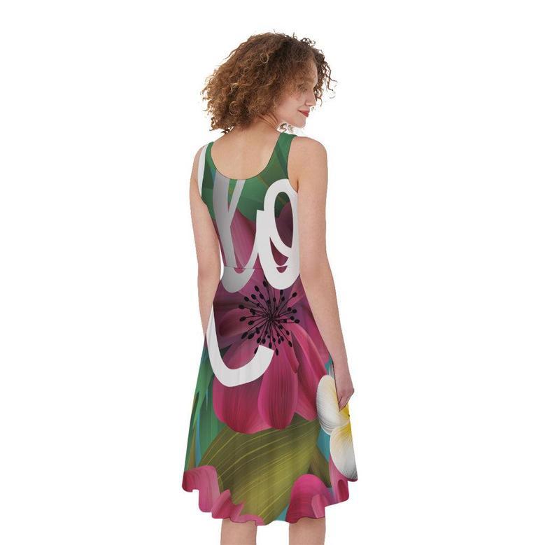 Tropical Flower Aloha Print Sleeveless Knee Length Dress