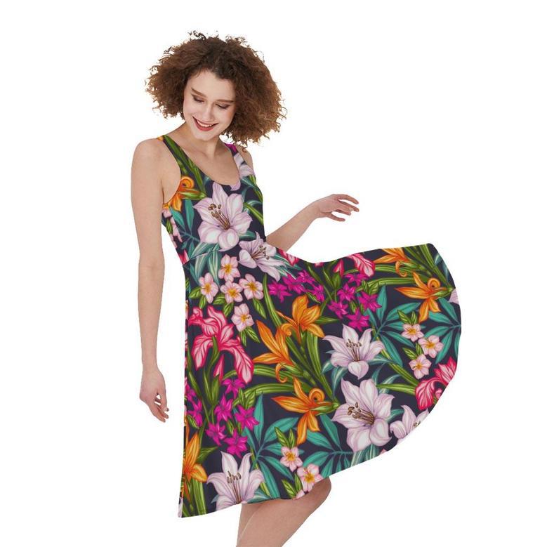 Tropical Flowers Pattern Print Sleeveless Knee Length Dress