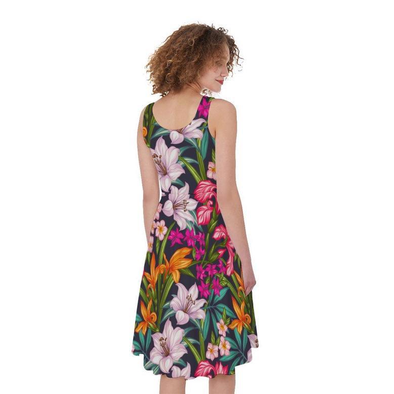 Tropical Flowers Pattern Print Sleeveless Knee Length Dress