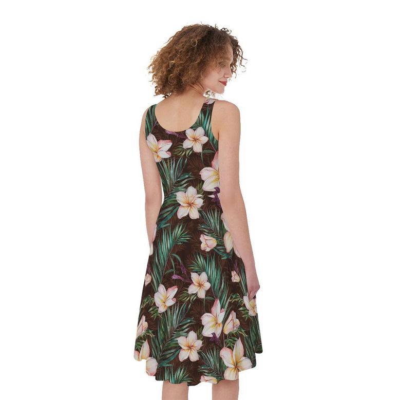 Tropical Frangipani Flower Print Sleeveless Knee Length Dress