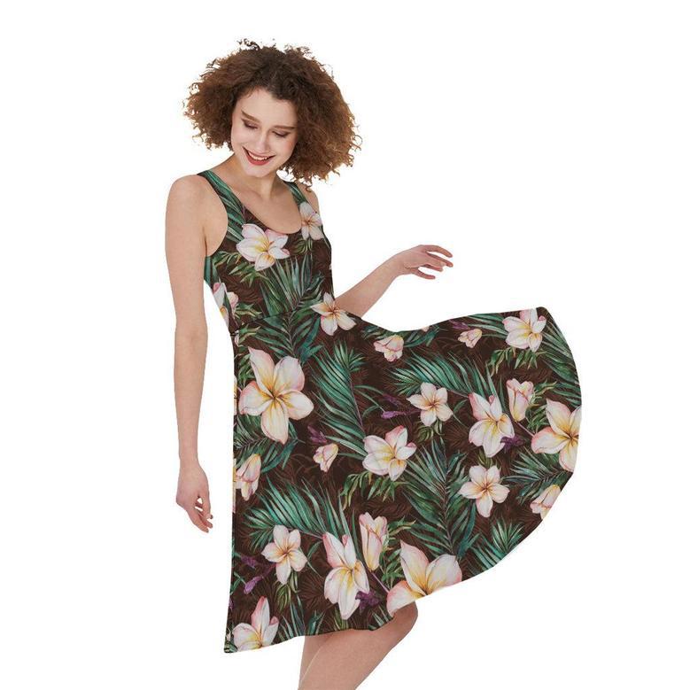 Tropical Frangipani Flower Print Sleeveless Knee Length Dress