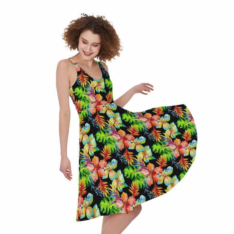 Tropical Hawaii Flowers Pattern Print Sleeveless Knee Length Dress