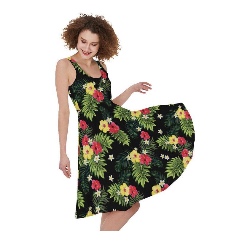 Tropical Hibiscus Aloha Pattern Print Sleeveless Knee Length Dress