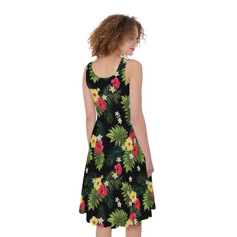 Tropical Hibiscus Aloha Pattern Print Sleeveless Knee Length Dress