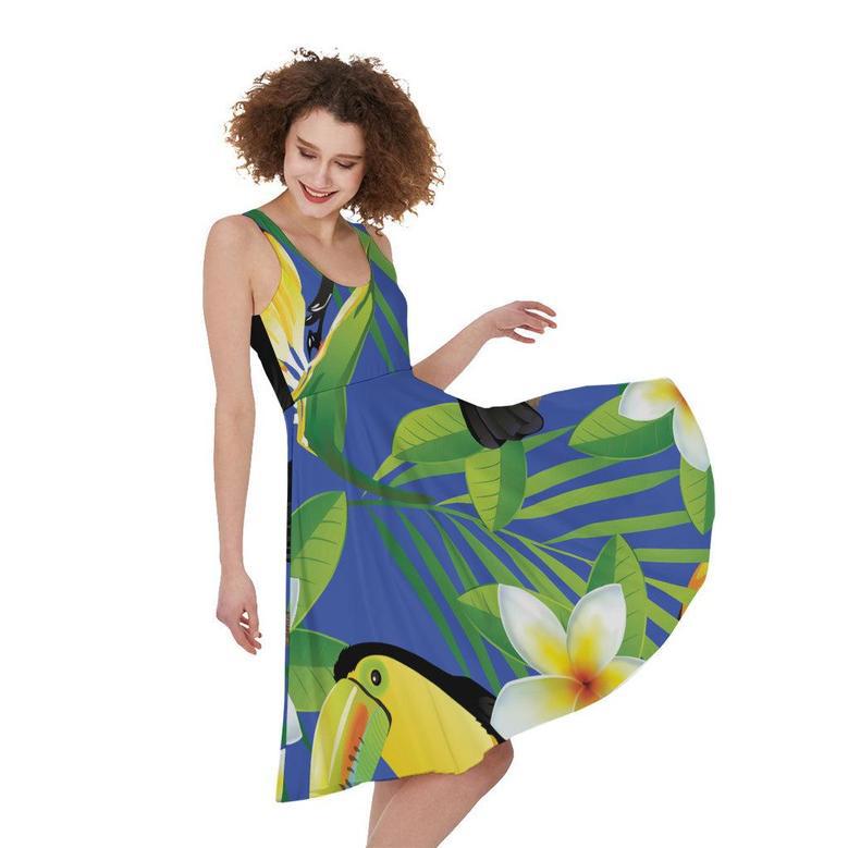 Tropical Keel-Billed Toucan Print Sleeveless Knee Length Dress