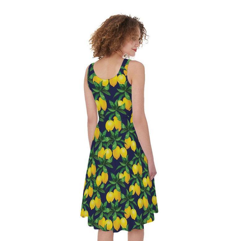 Tropical Lemon Pattern Print Sleeveless Knee Length Dress