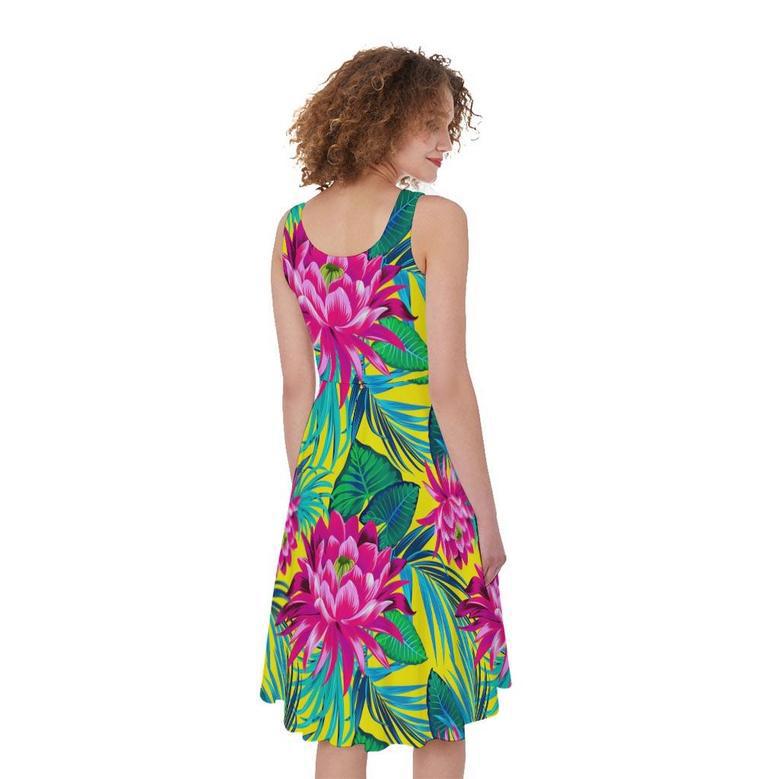 Tropical Lotus Pattern Print Sleeveless Knee Length Dress