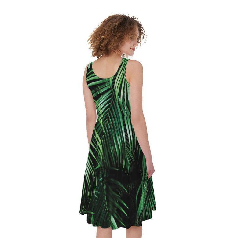 Tropical Palm Leaf Print Sleeveless Knee Length Dress