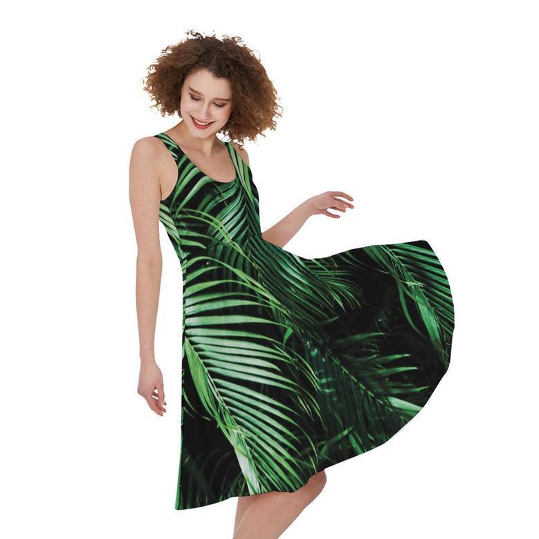 Tropical Palm Leaf Print Sleeveless Knee Length Dress