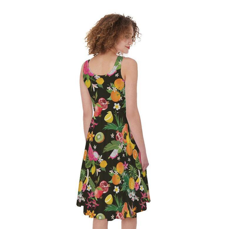 Tropical Paradise Fruits Pattern Print Sleeveless Knee Length Dress