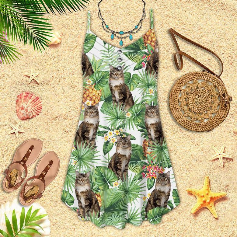 Tropical Pineapple Maine Coon Cat Spaghetti Strap Summer Dress