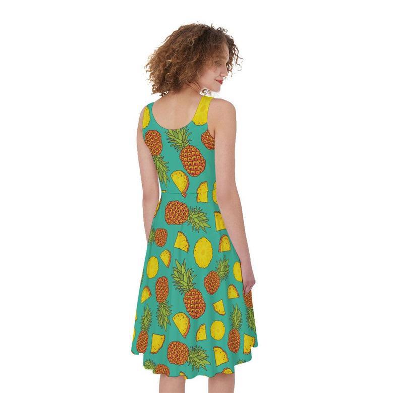 Tropical Pineapples Pattern Print Sleeveless Knee Length Dress