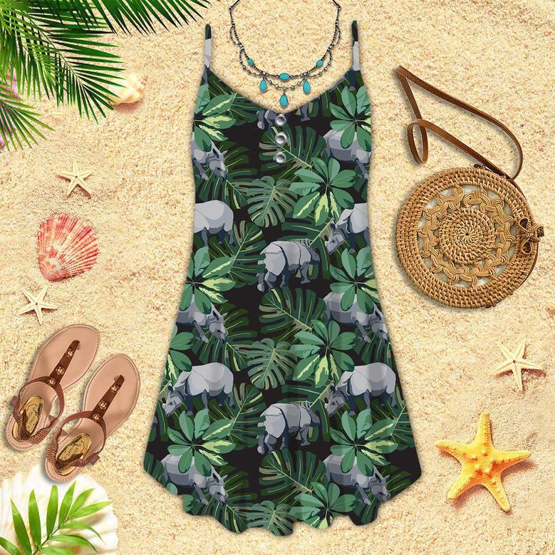 Tropical Rhino Wild Animals Plant Floral Spaghetti Strap Summer Dress