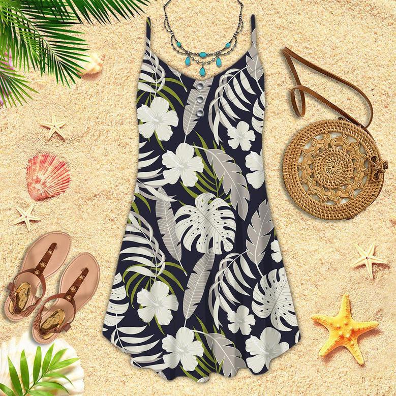 Tropical Seamless With White Flowers And Plants Pattern Spaghetti Strap Summer Dress