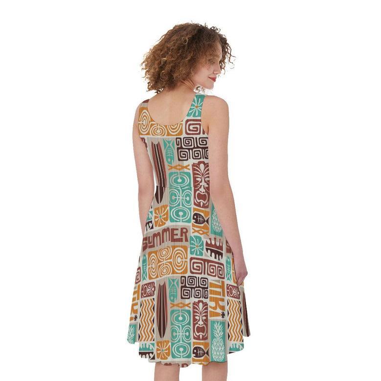 Tropical Tiki Pattern Print Sleeveless Knee Length Dress