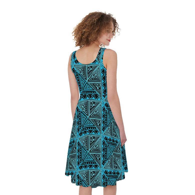 Turquoise African Ethnic Pattern Print Sleeveless Knee Length Dress