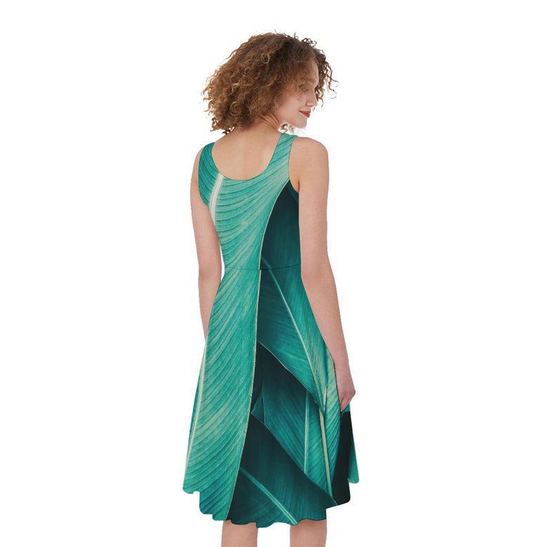 Turquoise Banana Leaf Print Sleeveless Knee Length Dress