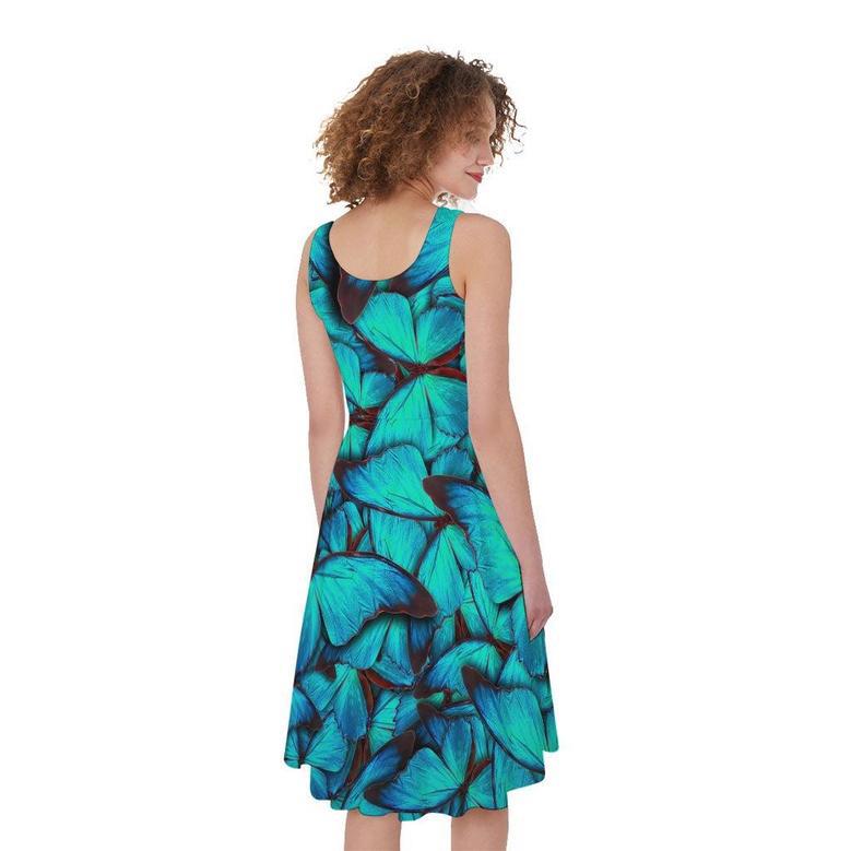 Turquoise Butterfly Pattern Print Sleeveless Knee Length Dress