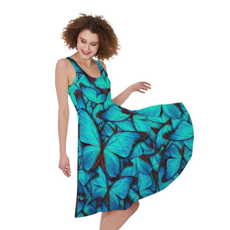 Turquoise Butterfly Pattern Print Sleeveless Knee Length Dress