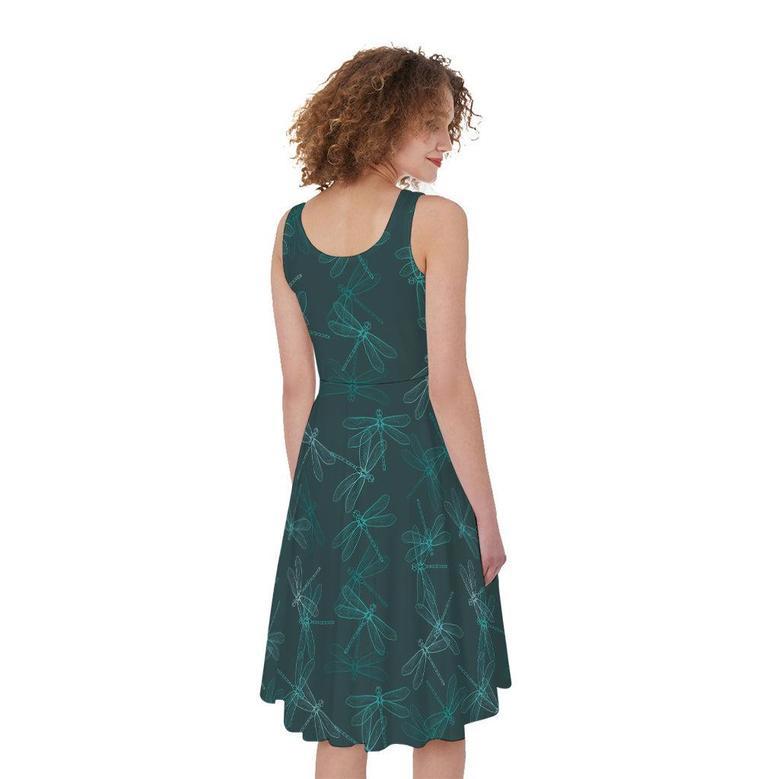 Turquoise Dragonfly Pattern Print Sleeveless Knee Length Dress