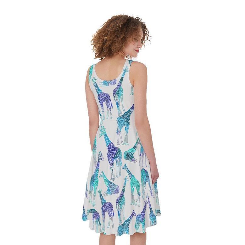 Turquoise Giraffe Pattern Print Sleeveless Knee Length Dress