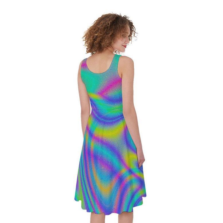 Turquoise Holographic Trippy Print Sleeveless Knee Length Dress