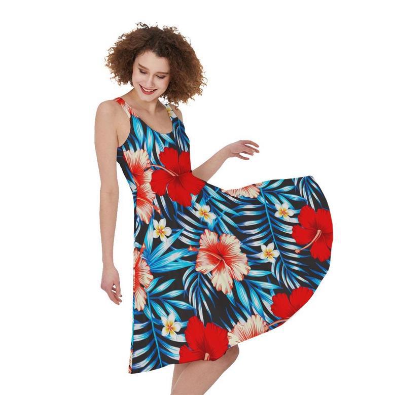 Turquoise Leaves Hibiscus Pattern Print Sleeveless Knee Length Dress