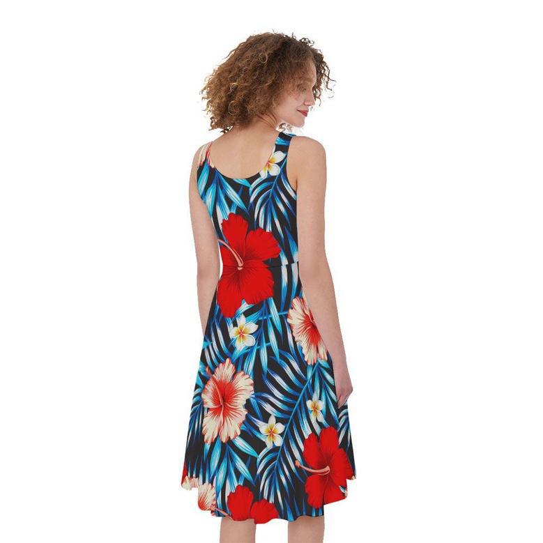 Turquoise Leaves Hibiscus Pattern Print Sleeveless Knee Length Dress