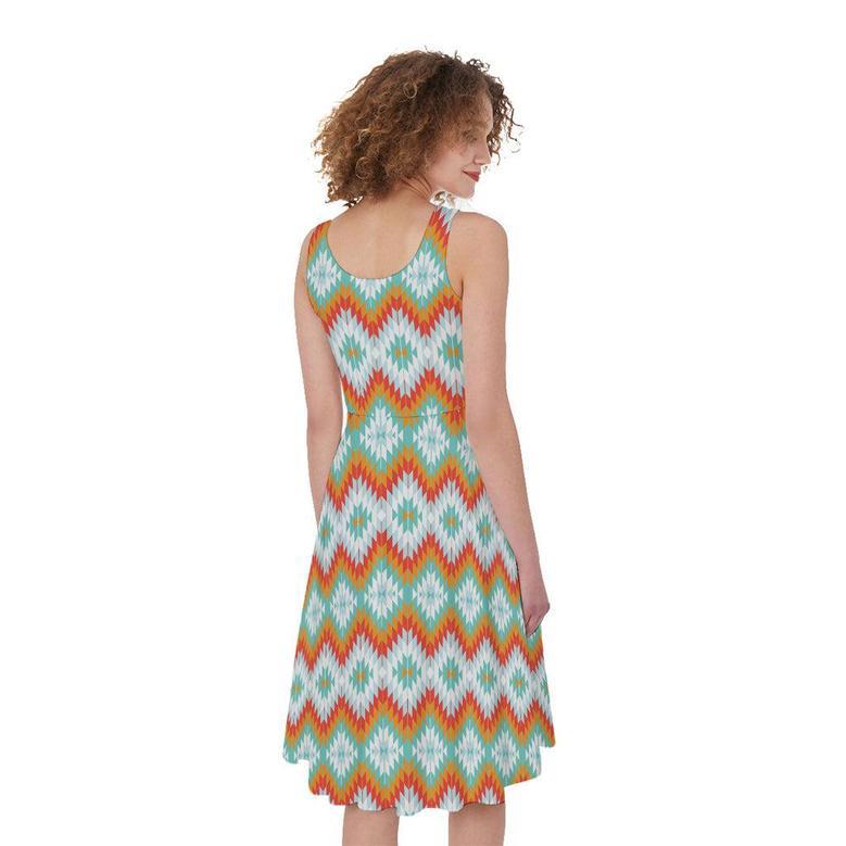 Turquoise Native American Pattern Print Sleeveless Knee Length Dress