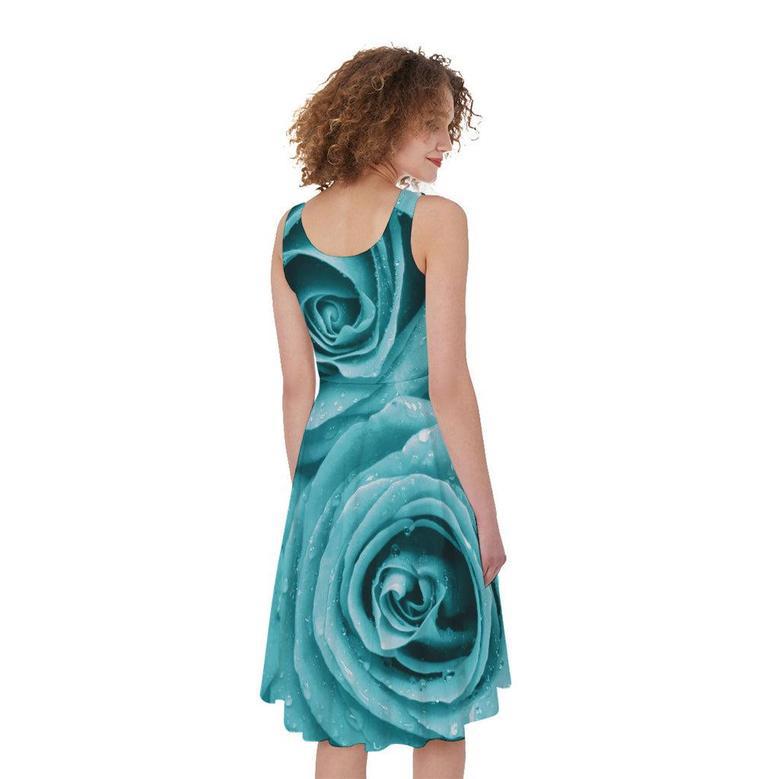 Turquoise Rose Flower Print Sleeveless Knee Length Dress