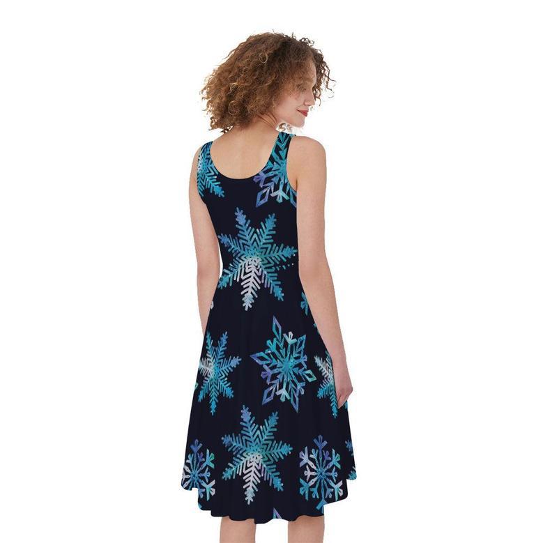 Turquoise Snowflake Pattern Print Sleeveless Knee Length Dress