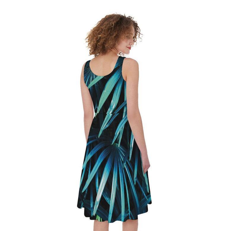 Turquoise Tropical Leaves Print Sleeveless Knee Length Dress