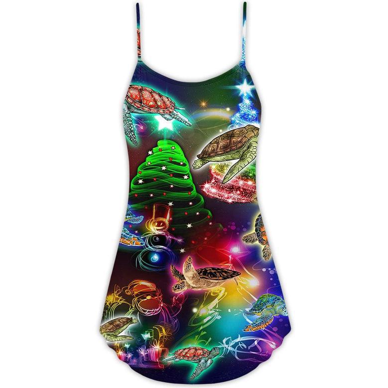 Turtle With Christmas Neon Tree Merry Christmas - V-Neck Sleeveless Cami Dress