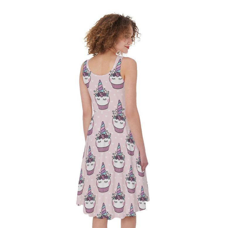 Unicorn Cupcake Pattern Print Sleeveless Knee Length Dress