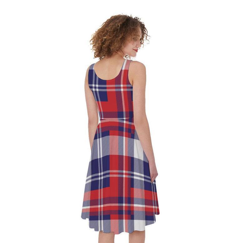 USA Plaid Pattern Print Sleeveless Knee Length Dress