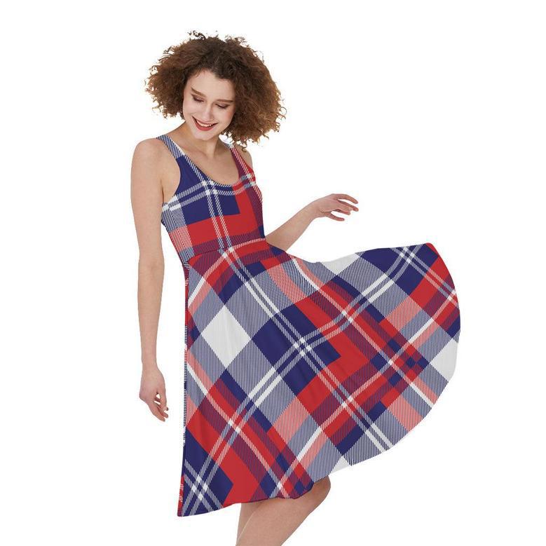 USA Plaid Pattern Print Sleeveless Knee Length Dress