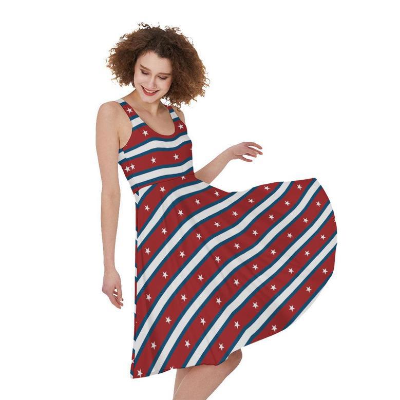 USA Striped Pattern Print Sleeveless Knee Length Dress