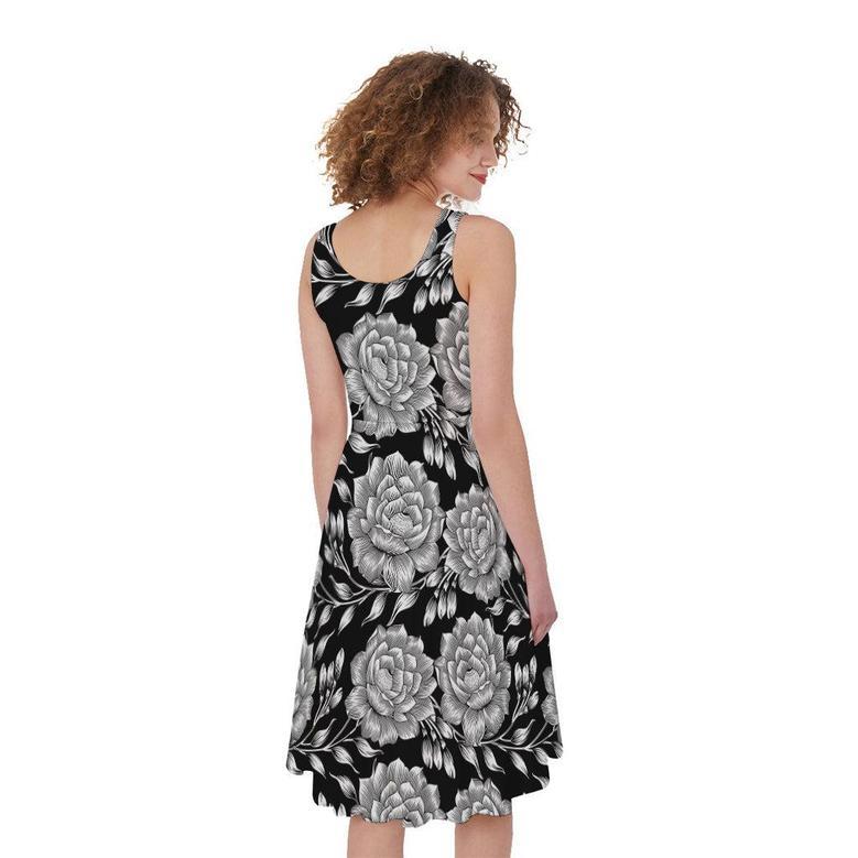 Vintage Black And White Floral Print Sleeveless Knee Length Dress