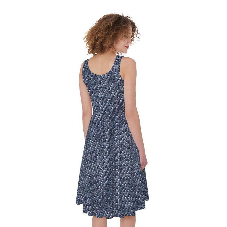 Vintage Blue Denim Jeans Print Sleeveless Knee Length Dress