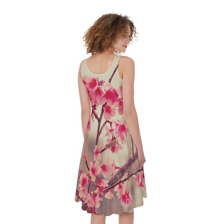 Vintage Cherry Blossom Print Sleeveless Knee Length Dress