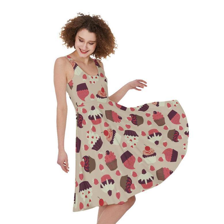 Vintage Cupcake Pattern Print Sleeveless Knee Length Dress