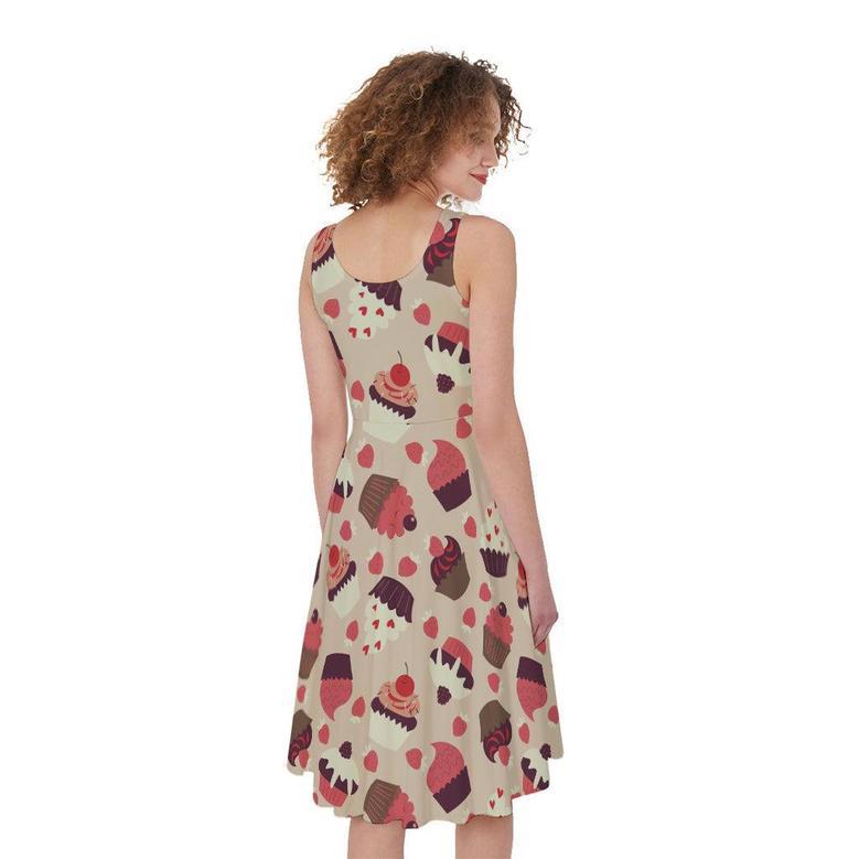 Vintage Cupcake Pattern Print Sleeveless Knee Length Dress